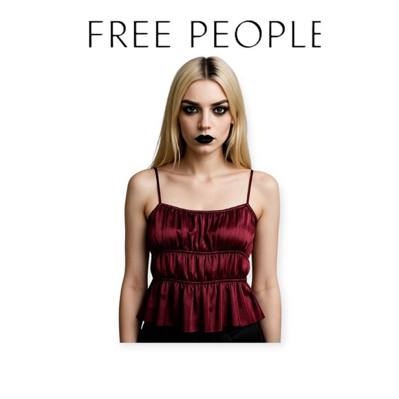 Burgundy Satin Tiered Tank by Free People, Small - Picture 1 of 10